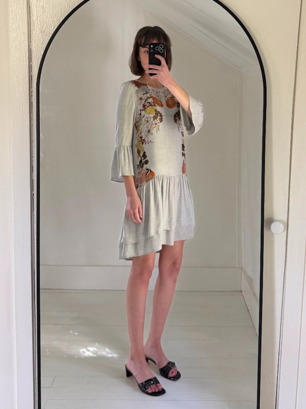 Zara Floral Printed Drop Waist Mini Dress With Frills NWT Grey Size S